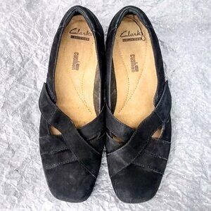 Clarks Woman's Suede Black Flats with Velcro Straps - Size 9